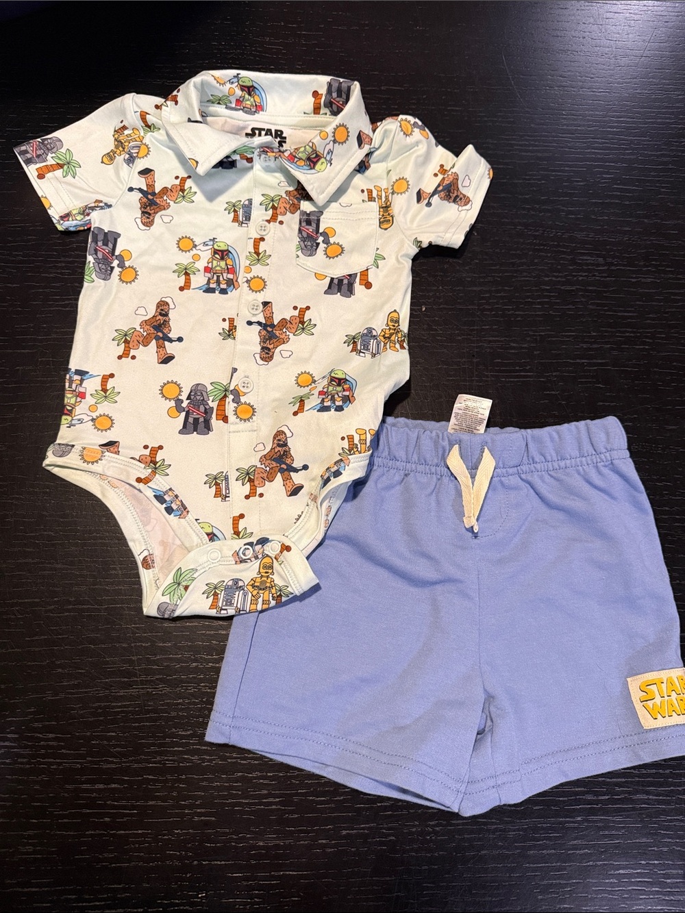 Star Wars Printed Polo Onesie & Light Blue Shorts Set NWOT